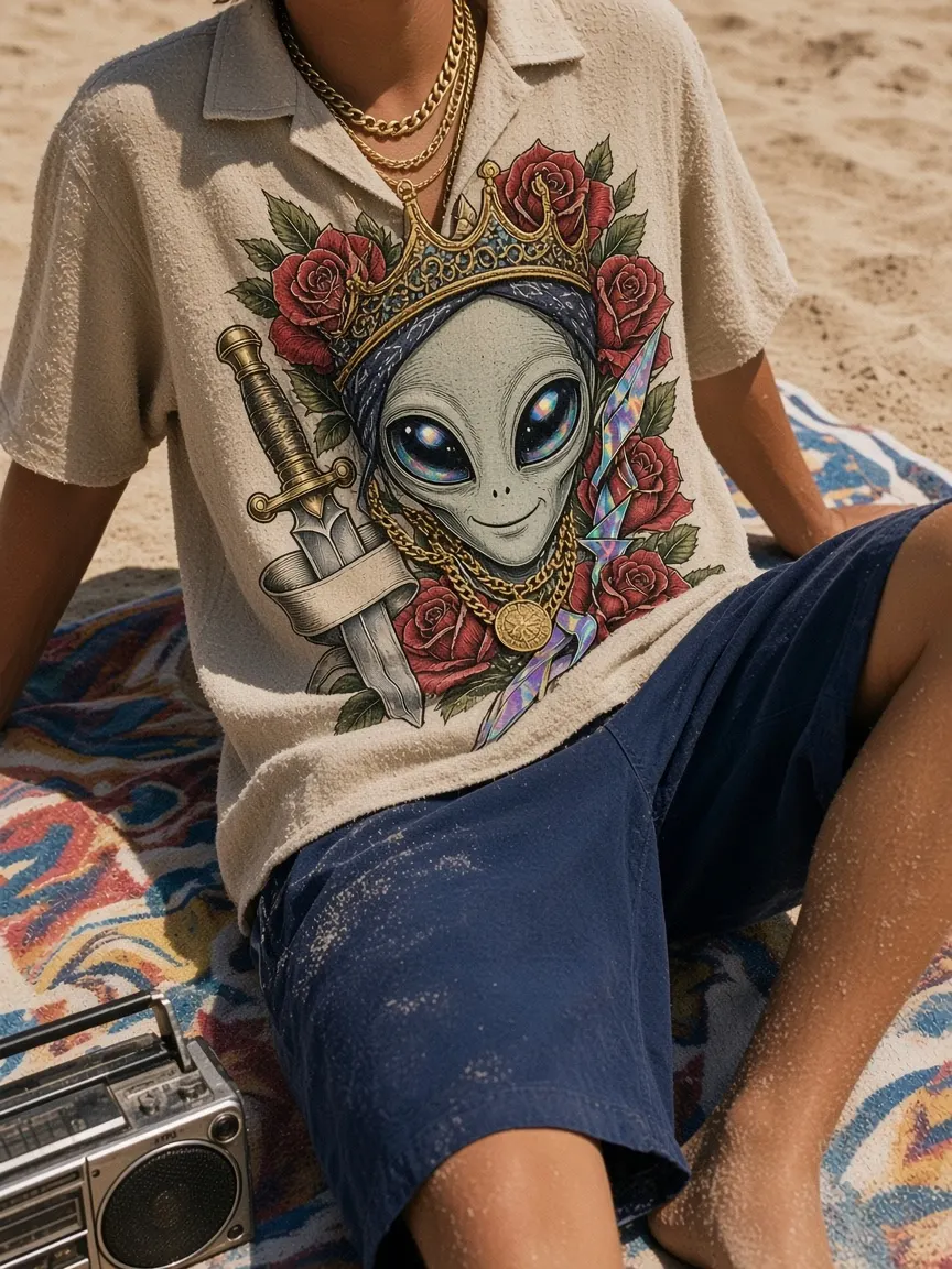 A cream camp shirt printed with an alien, roses and a dagger, worn on the sand