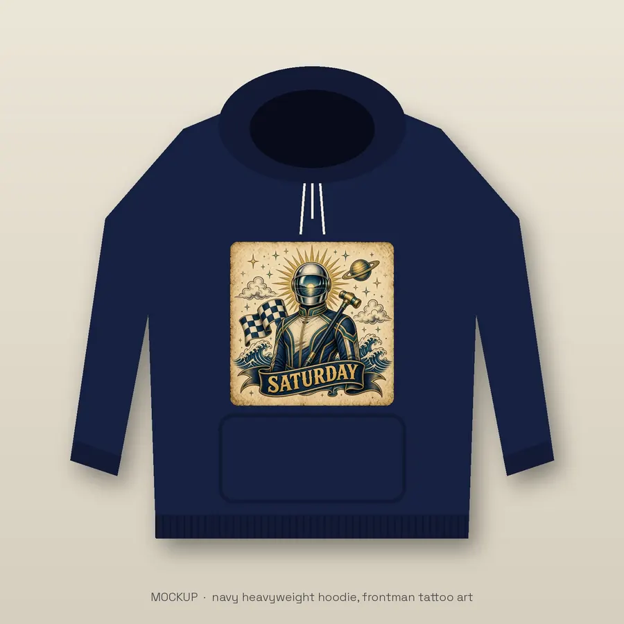 Navy hoodie mockup with a tattoo-flash print of the Saturday Frontman