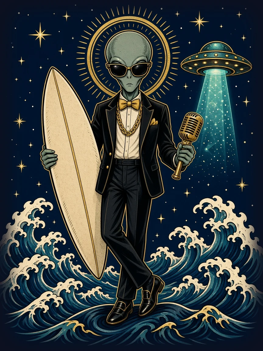 The 008 art: a tuxedoed alien in dark shades with a surfboard and a gold microphone, on tattoo-style waves under a flying saucer