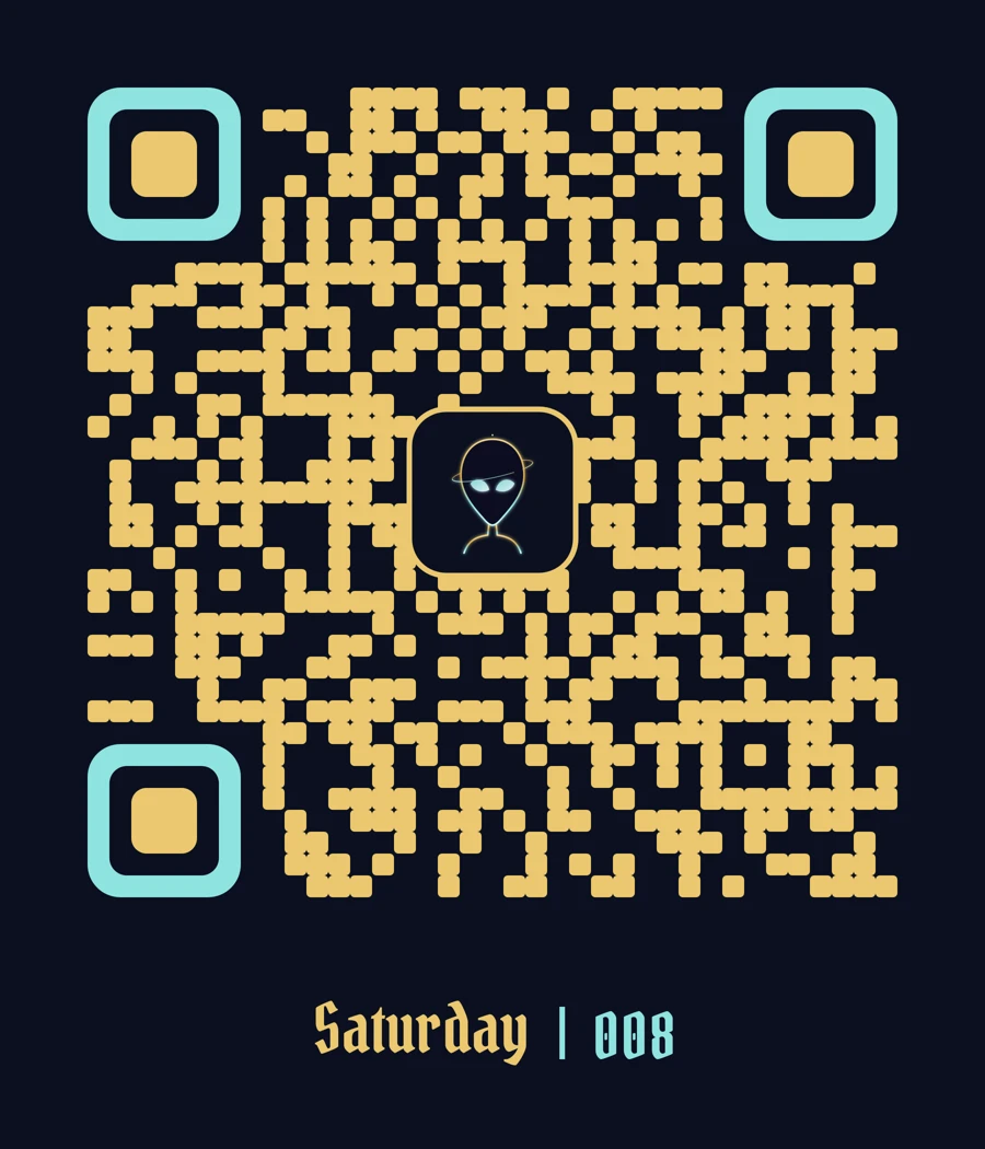 The 008 QR print: a gold QR code with teal corner squares and a tiny alien mark on navy, above the Saturday wordmark and 008. It opens the Saturday AR Experience.