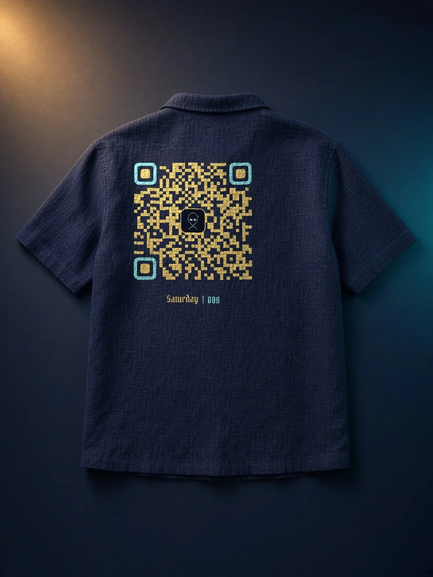 008 QR: plain navy hemp camp-collar shirt with a gold QR code on the back that opens the Saturday AR Experience