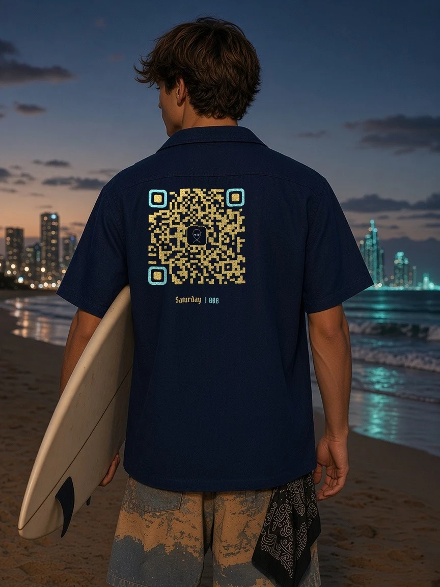 008 QR: a plain navy hemp camp-collar shirt with a gold QR code printed on the back, worn on a Gold Coast beach at dusk