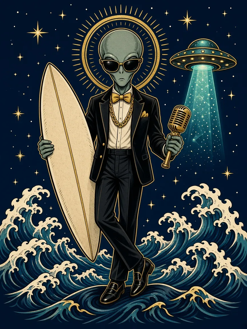008 print art: a tuxedoed alien in dark shades, gold bow tie and gold chain, with a surfboard and vintage microphone, on tattoo-style waves under a flying saucer and gold stars