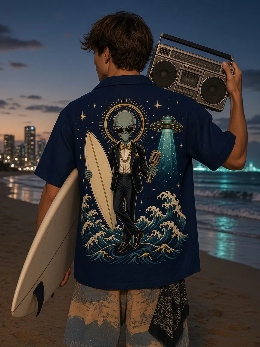 008: a navy hemp camp-collar shirt with a large back print of a tuxedoed alien holding a surfboard and microphone, worn on a Gold Coast beach at dusk