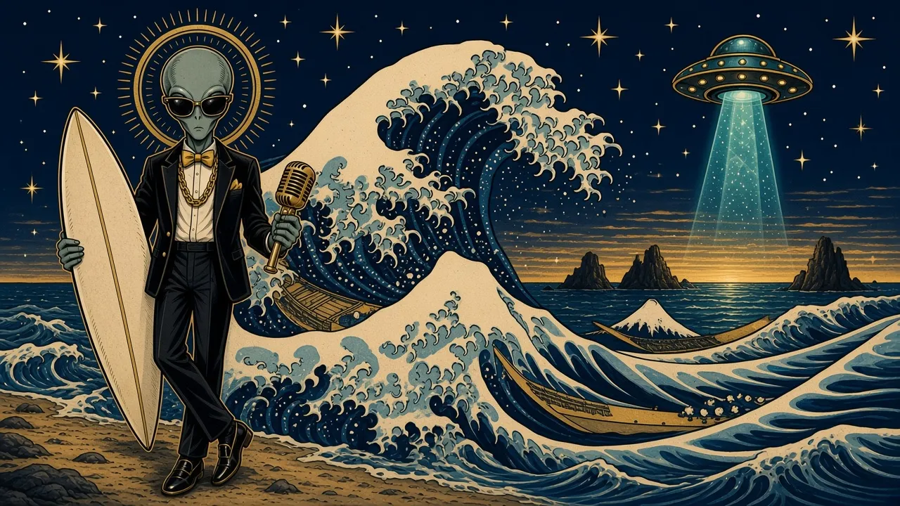 Tattoo-style art of the tuxedoed Saturday alien with a surfboard and microphone beside giant waves and a flying saucer