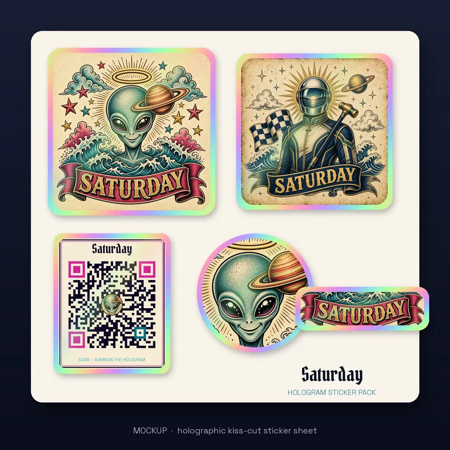 Holographic Saturday sticker sheet with the alien, the Frontman and the wordmark