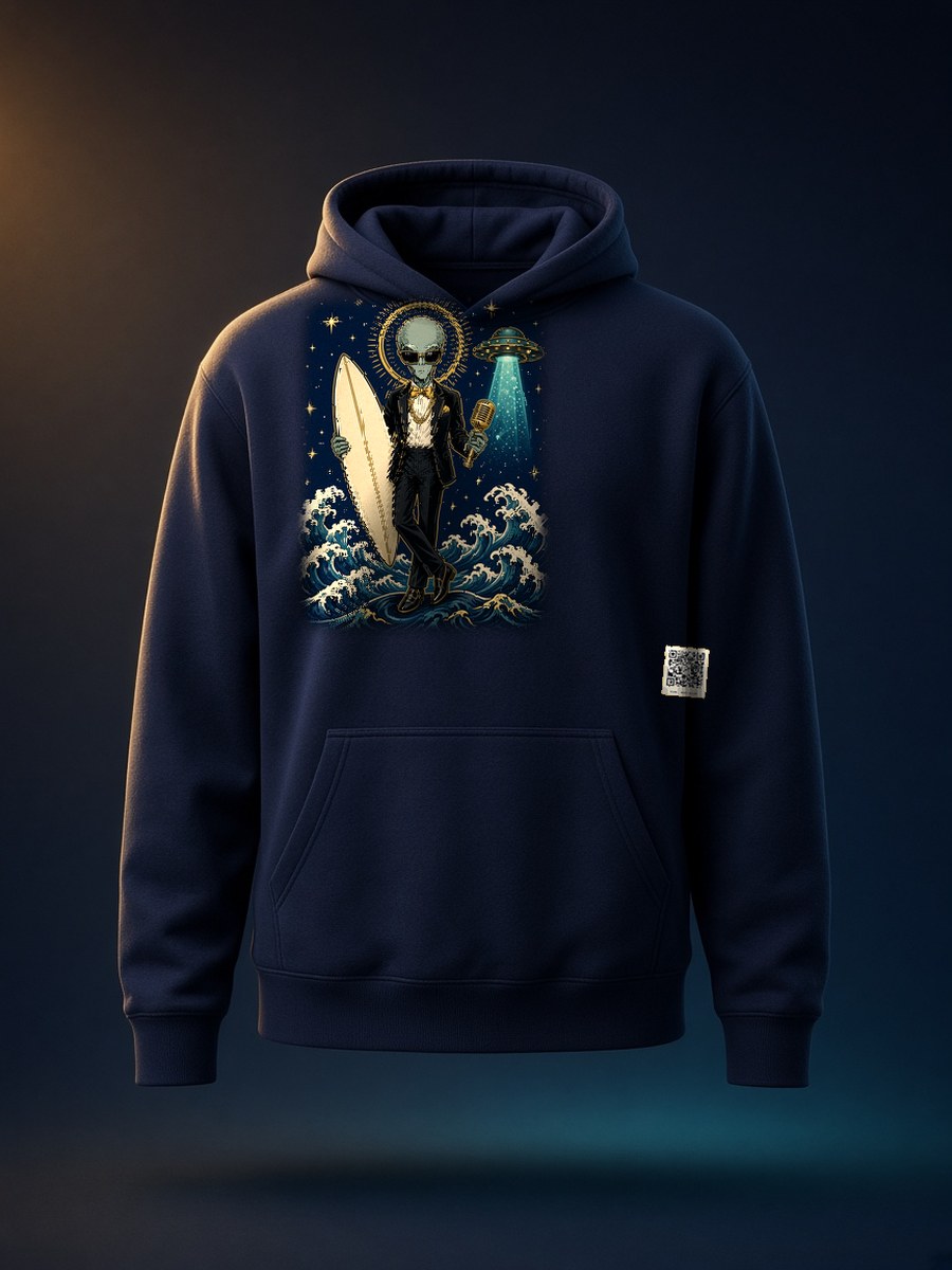 Front view of a navy heavyweight Saturday hoodie printed with the 008 art, the tuxedo surfer alien with his board and gold mic, with a small Saturday QR patch near the hem.
