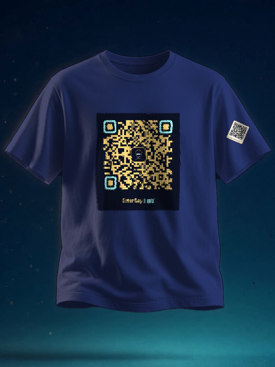 Front view of a navy Saturday tee printed with a large gold QR code with teal corner squares, a tiny alien mark and the Saturday 008 wordmark. A small Saturday QR patch sits on the left sleeve.