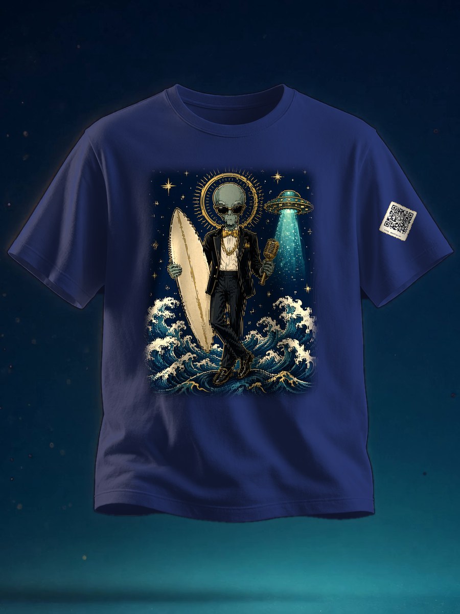 The 008 Tee: a navy tee printed with the tuxedoed alien holding a surfboard and gold microphone on tattoo-style waves