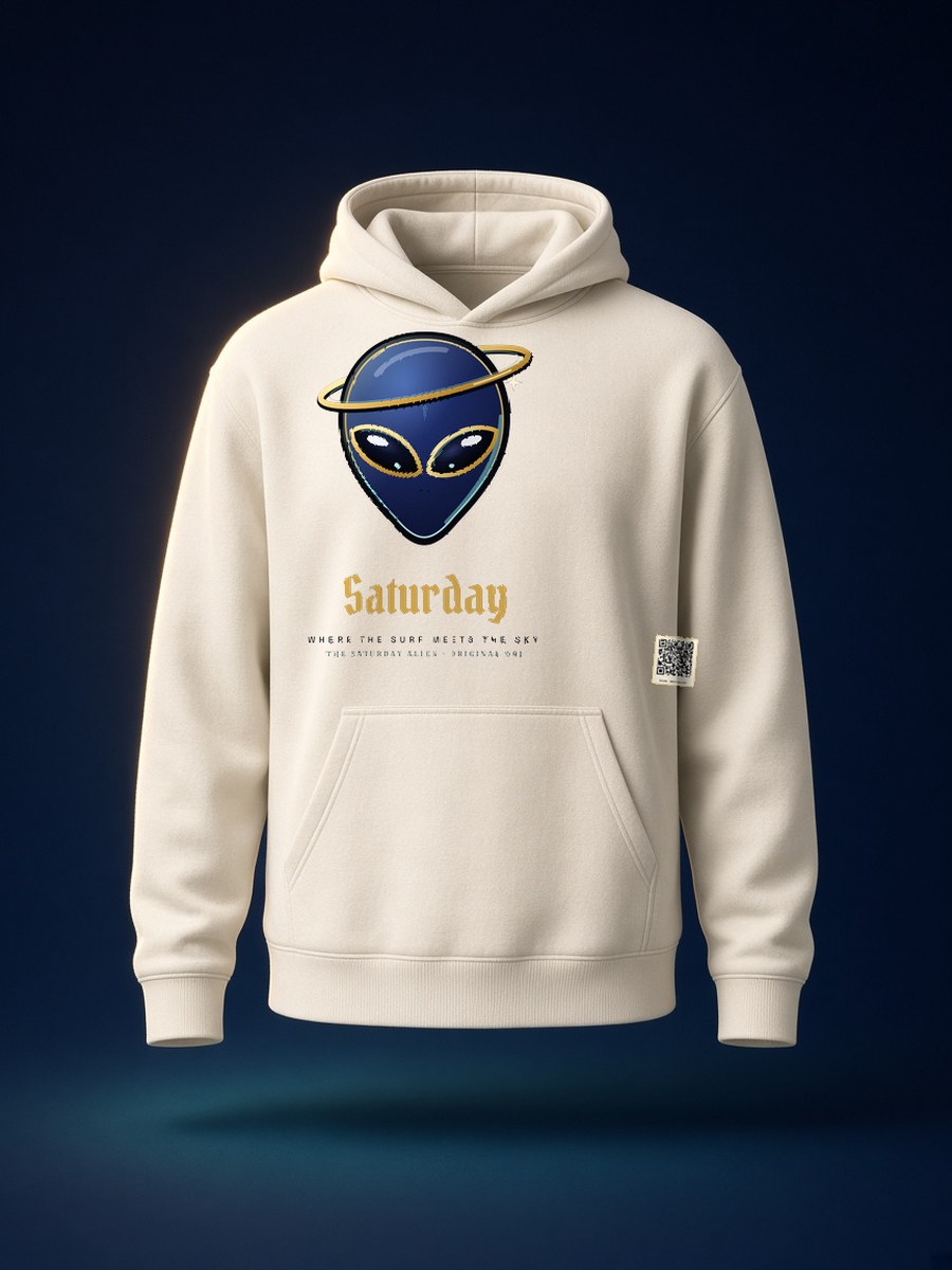 Front view of a cream heavyweight Saturday hoodie printed with Alley the Tide-Glider above the gold Saturday wordmark, with a small Saturday QR patch near the hem.