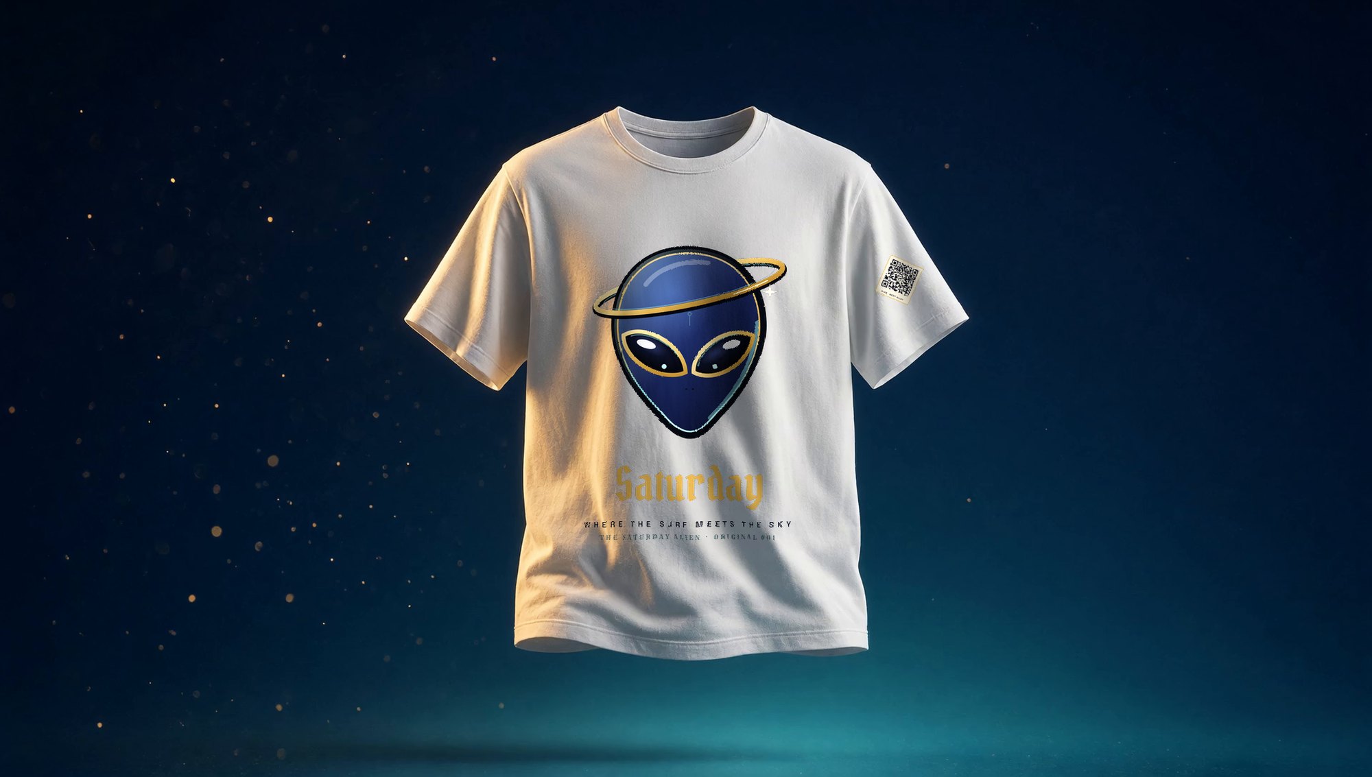 Front view of the white Alley Tee: Alley the Tide-Glider, a navy alien-otter with gold-rimmed eyes and a floating gold ring, printed on the chest above the gold Saturday wordmark, with a small QR on the sleeve
