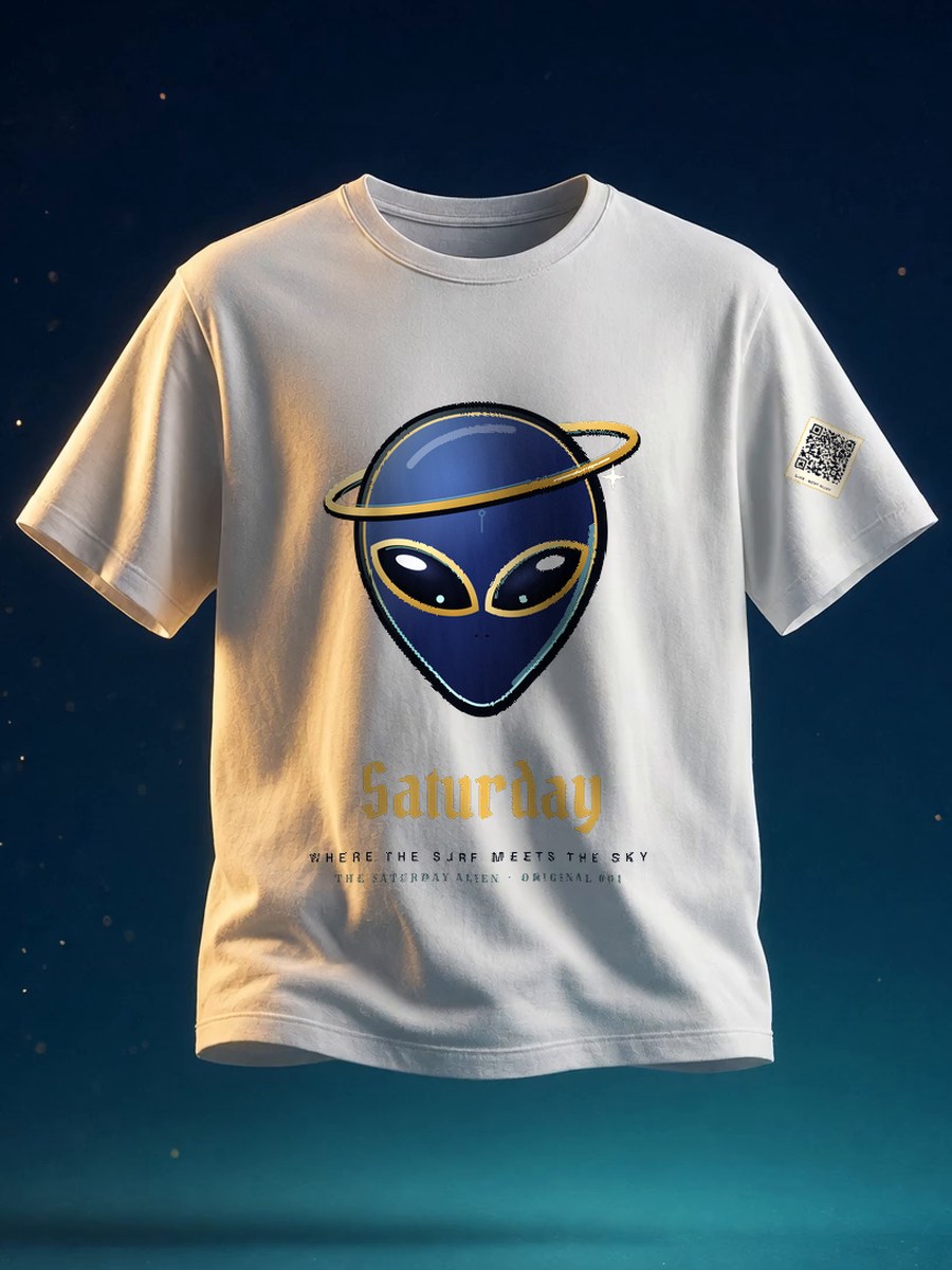 Front view of a white Saturday tee printed with Alley the Tide-Glider, a navy alien-otter with gold-rimmed eyes and a gold ring, above the gold Saturday wordmark. A small Saturday QR patch sits on the left sleeve.