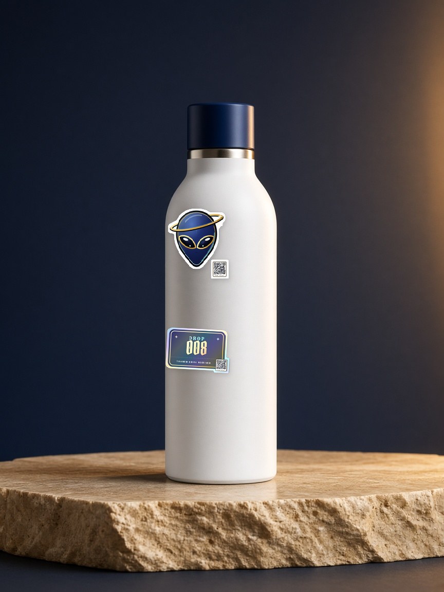 Alley and holographic Drop 008 stickers on a white water bottle