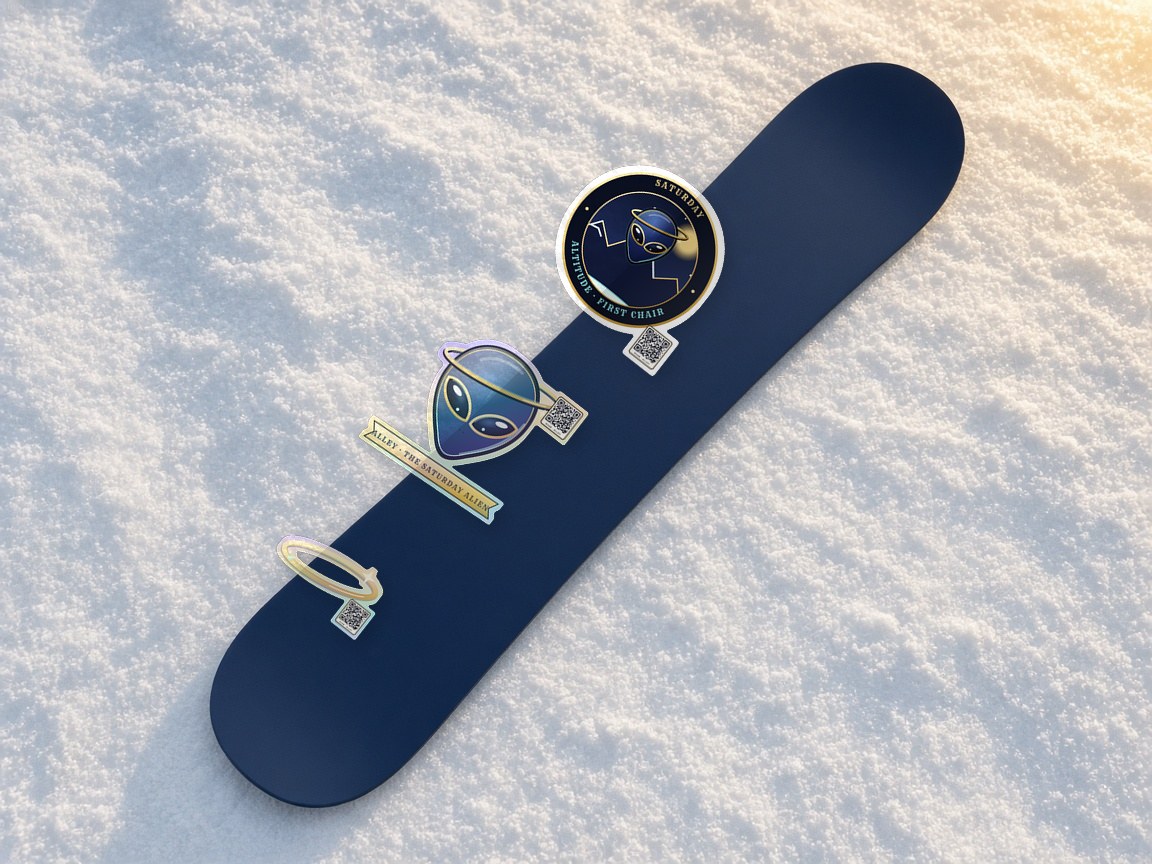 Holographic Alley alien-head and gold ring stickers on a navy snowboard in fresh snow